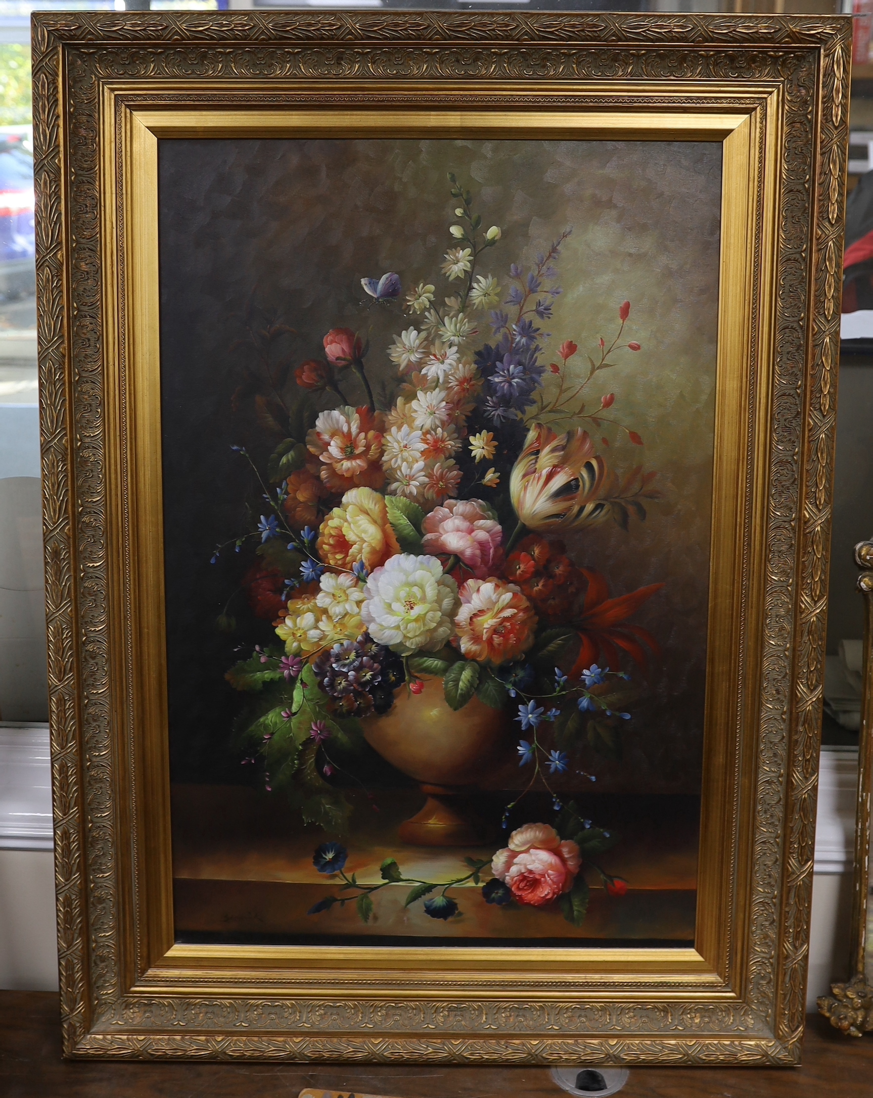 Continental School, oil on canvas, Still life of flowers in an vase, indistinctly signed, possibly Bubarnik, 90 x 60cm